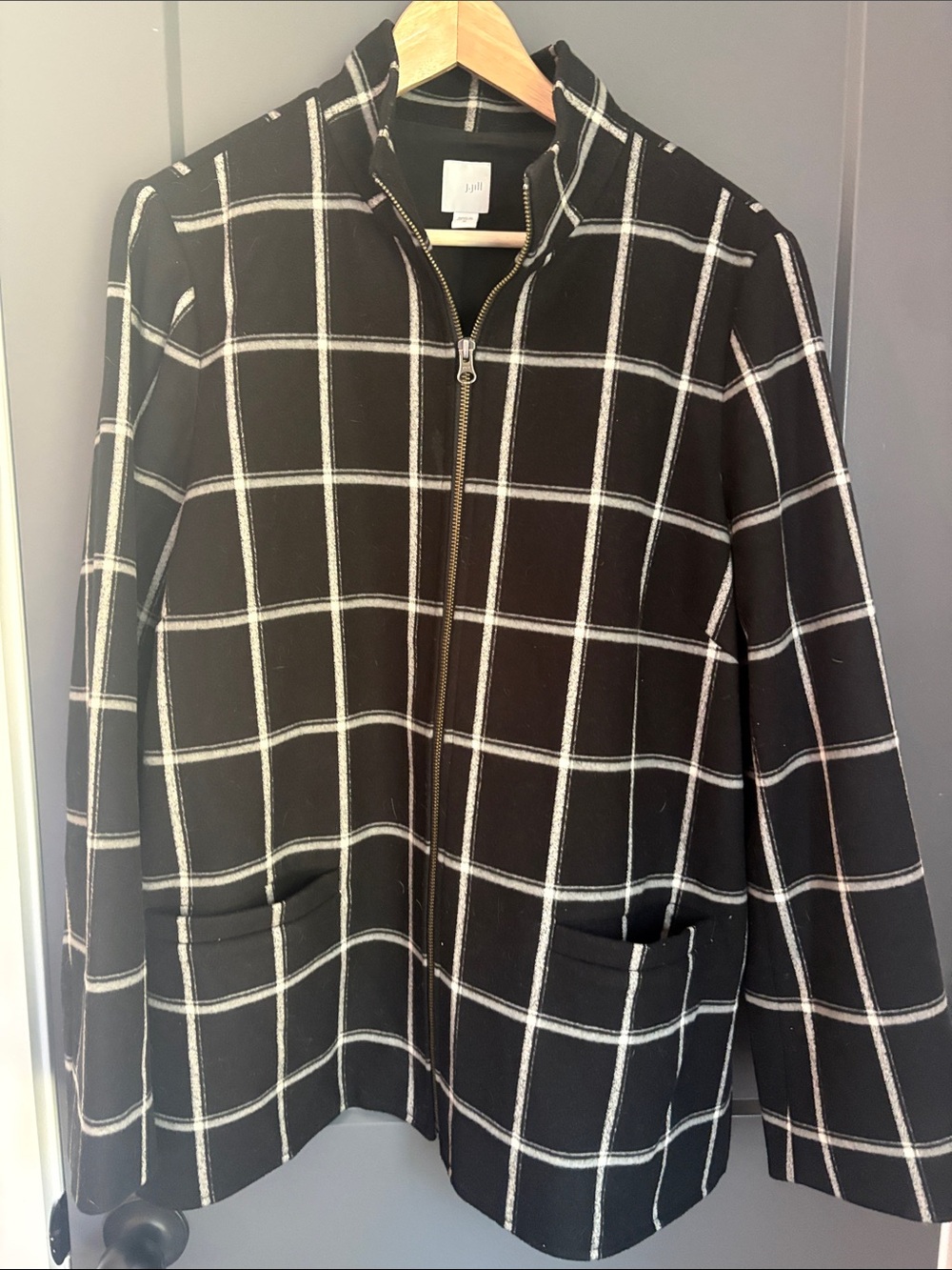 J Jill Windowpane Zip-Front Jacket - Black/White